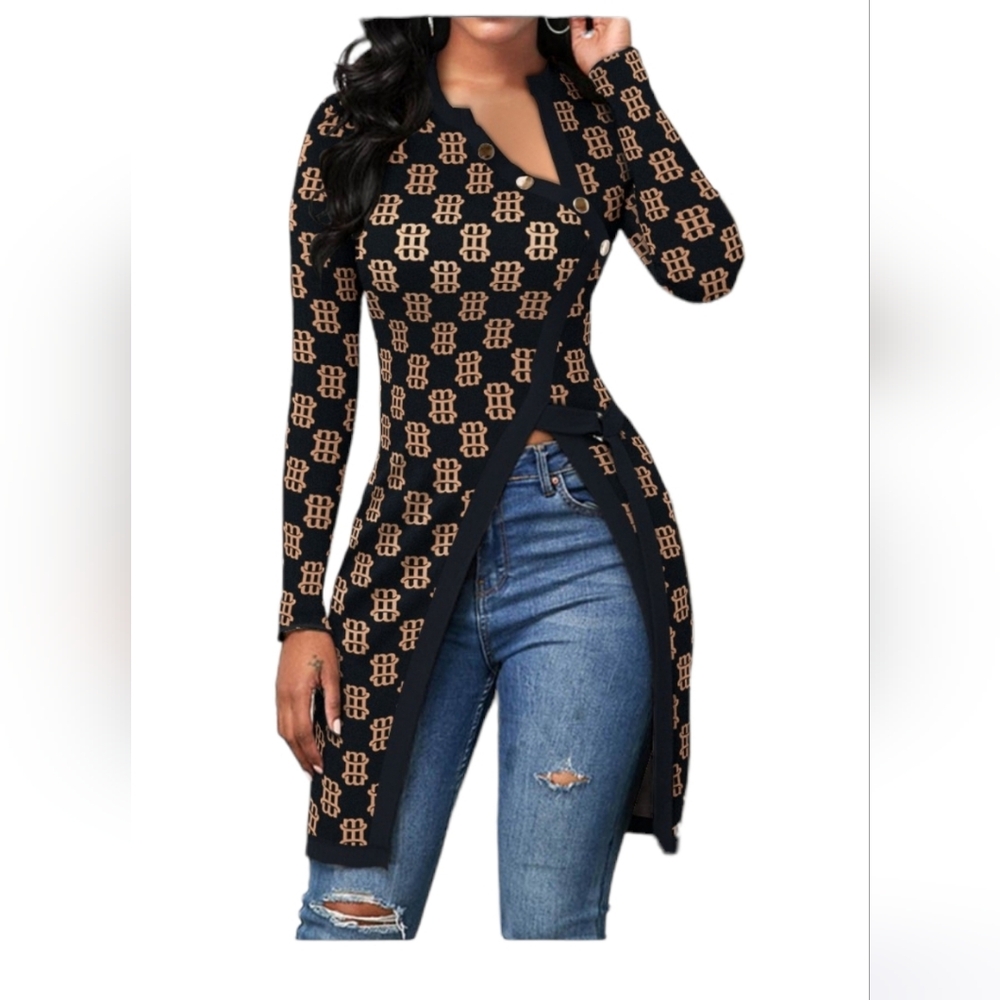 Letter Print Button Decor High Split Top (NWOT)‎ - image 1